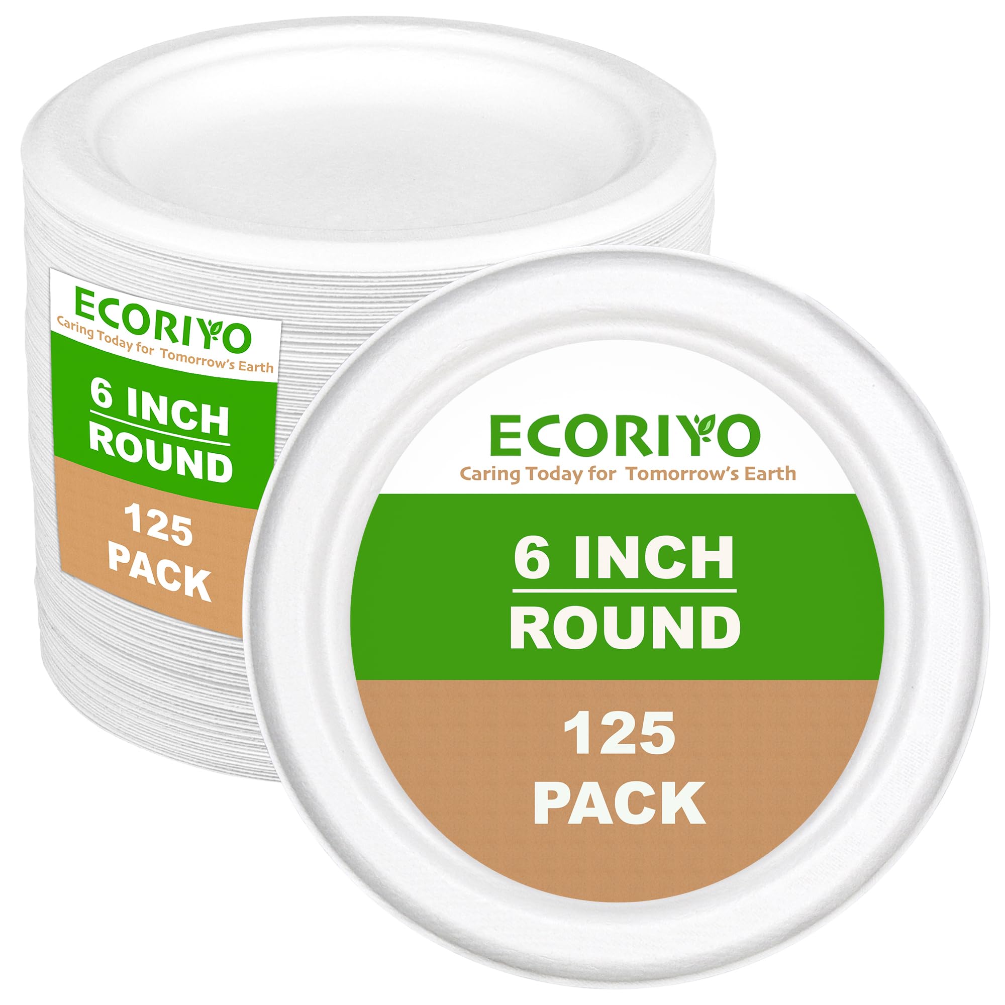 ECORIYO 6 Inch Compostable & Biodegradable Plates - 125-Pack, Freezer & Microwave Safe, Eco Friendly Bagasse Plates from Sugarcane