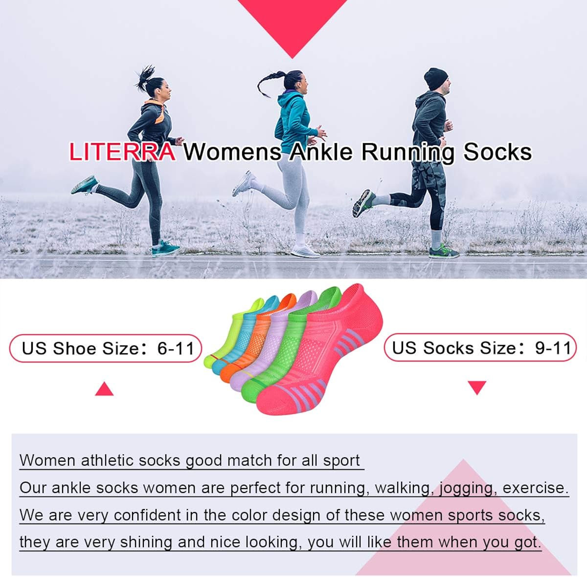 LITERRA Womens Ankle Socks 6-Pairs Athletic Running Low Cut Socks Cushioned : Clothing