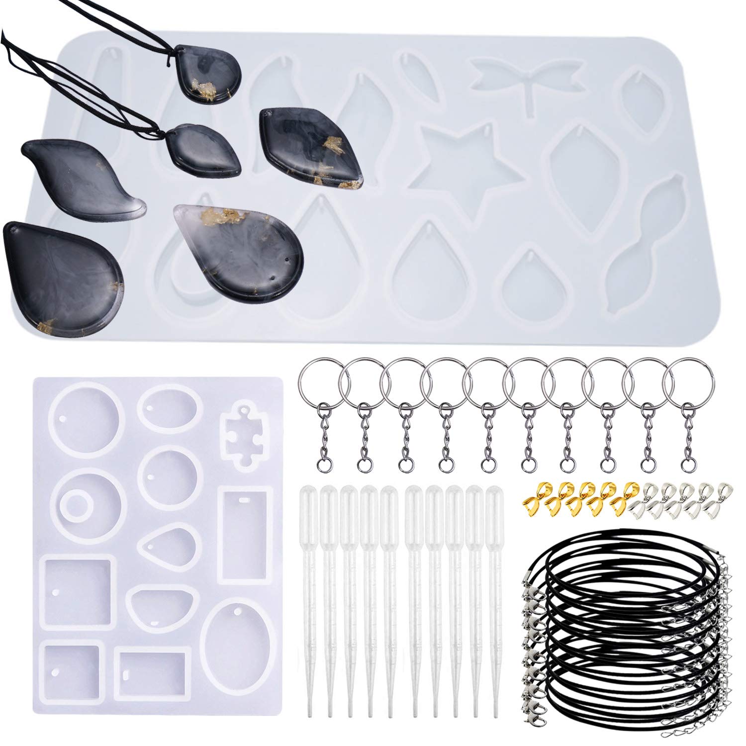Cayway 33 PCS Silicone Resin Molds, 2 PCS Casting Molds With Hole and Buckle, Black Wax Rope for DIY Epoxy Geometry Pendants Jewelry Making — image 1