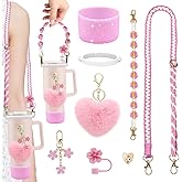 8PCS Stanley Cup Accessories Set, Adjustable Water Bottle Shoulder & Handle Strap, Glitter Protective Boot, Heart Shape Pompom Ball,Straw Topper Cover & Charms for Stanley 30oz 40oz Tumbler (Pink)