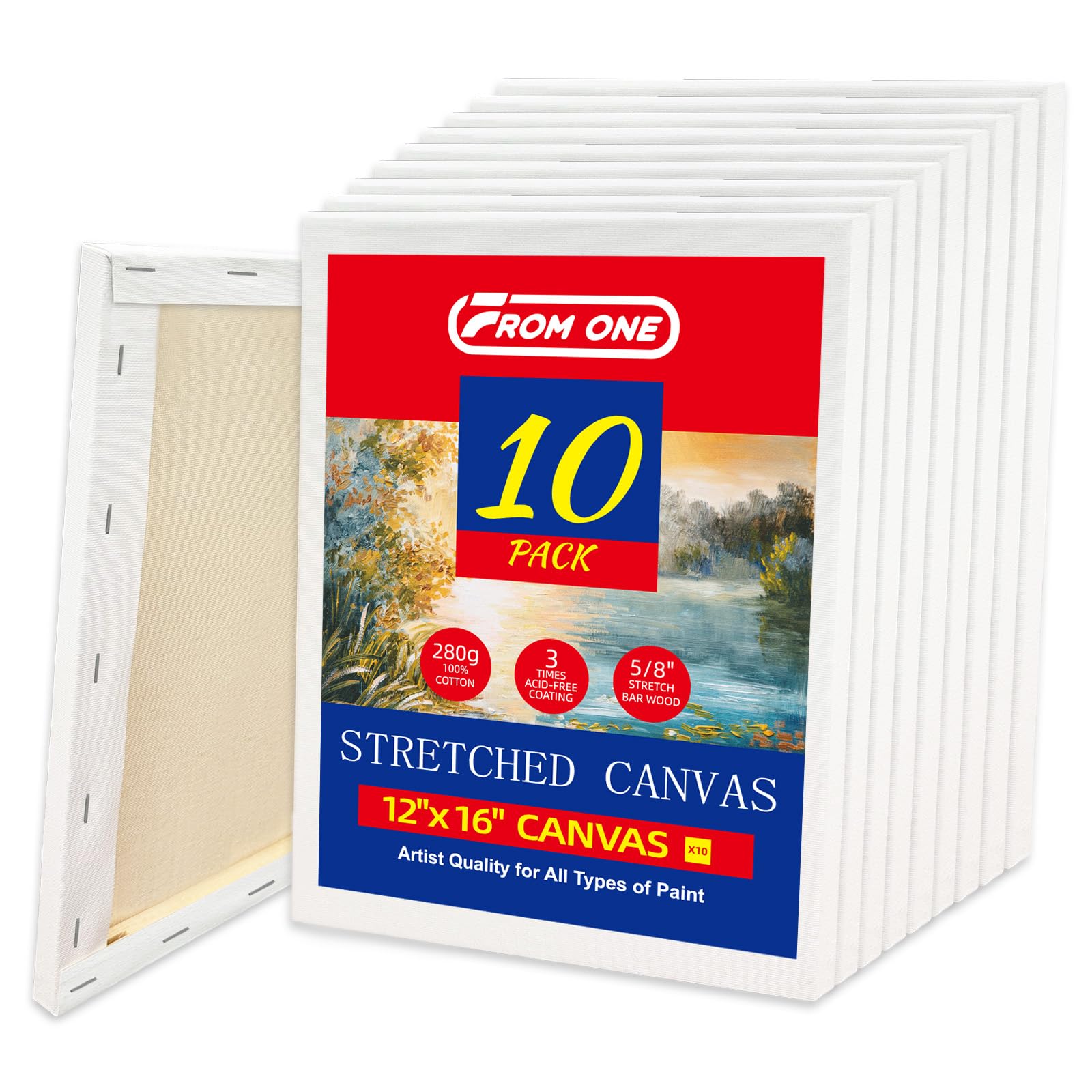 Photo 1 of 10-Pack 12x16” Stretched Canvas for Painting – 100% Cotton, 5/8” Deep Profile, Triple Primed Acid-Free White Canvas –Perfect Acrylics, Oils, Gouache & Tempera (Artists, Students & Beginners)