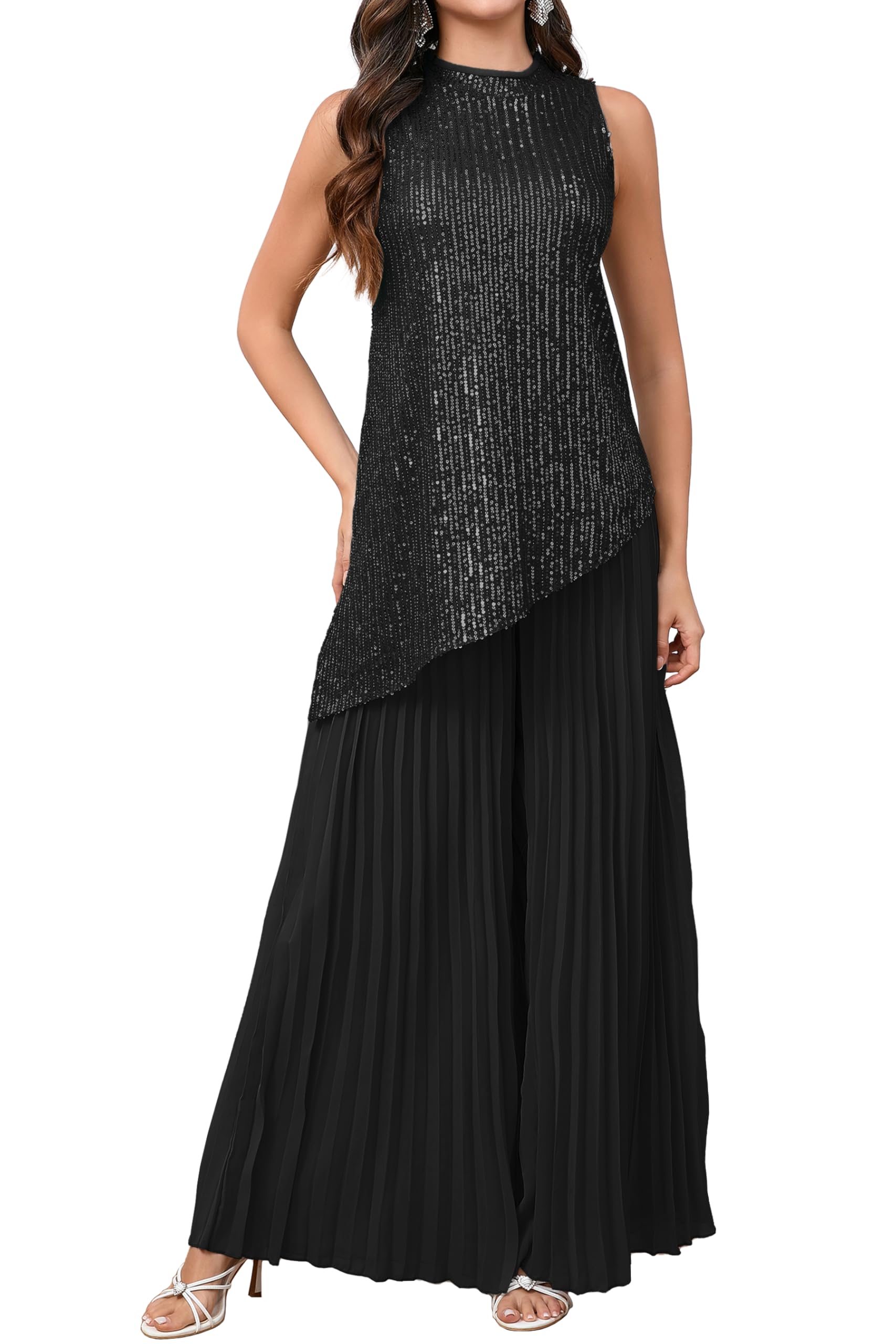 Photo 1 of *ONLY SKIRT* VERWIN 2 Piece Outfits Sequins Top Asymmetrical Sleeveless Top Wide Leg Long Pleated Pants Lounge Set Mock Neck Shirt XL Black