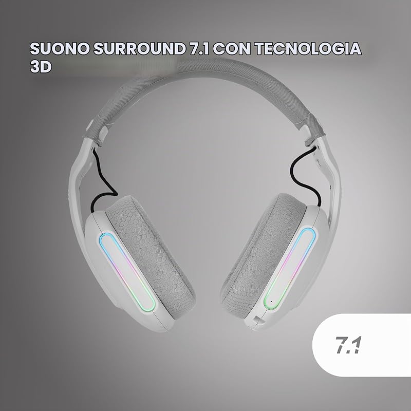 MHW-PRO, Cuffie Gaming Wireless ARGB Flow, Suono Surround 3D 7.1, Bluetooth 5.3 + 2.4GHz + Jack 3.5mm, Design Ergonomico Ultralight, Doppio Microfono, Multiplatform, Bianco