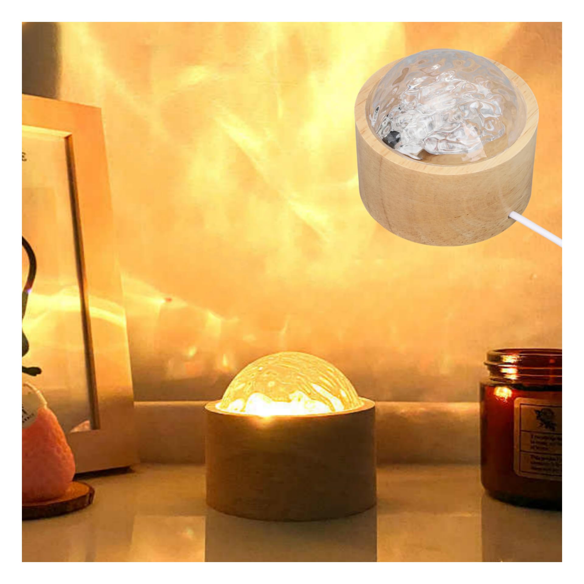 Topyond Water Wave Lamp Remote Control Dynamic Rotating RGB 16 Color Adjustable Brightness Original Wood Base Ocean Ripple Light Relaxing Water Wave Effect Night Lights