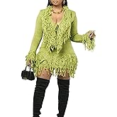 SHINFY 2 Piece Skirt Sets for Women Tassel Fringe Ribbed Knit Sweaters and Mini Skirt Fall Winter Sweater Sets