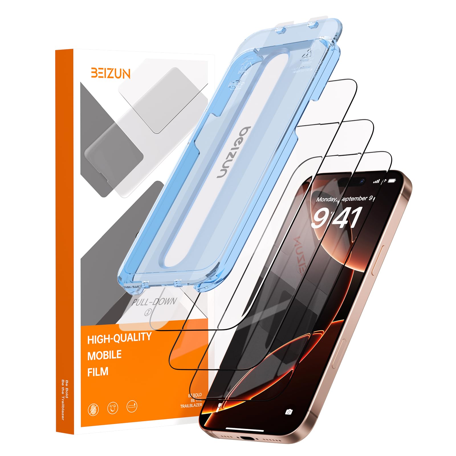 Photo 1 of Beizun for iPhone 16 Pro Screen Protector 3-Pack: 9H Military Tempered Glass, Easy Installation, Full Coverage Case Friendly, Anti-Fingerprint & Bubble-Free