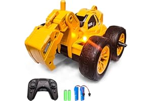 STEMTRON Stunt Car 2.4Ghz 4WD Remote Control Car Double Sided 360°Rotating RC Excavator with Lights Construction Vehicle Truck Outdoor Indoor Toys Gifts for Boys Girls