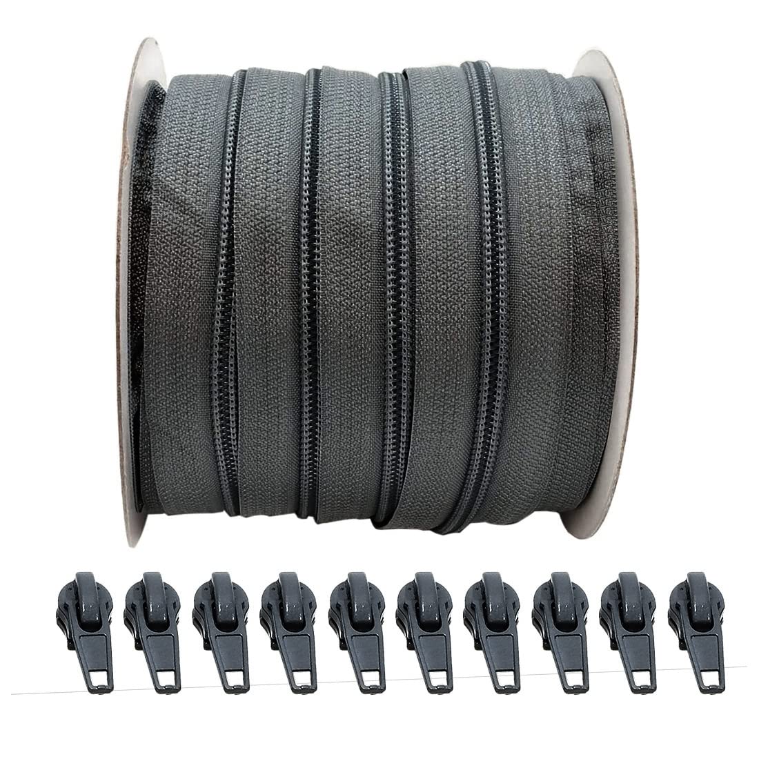 20 Meters Roll Continuous Zipper Nylon 3#, with 25 Auto Metal Sliders for Sewing, (20M, 311)