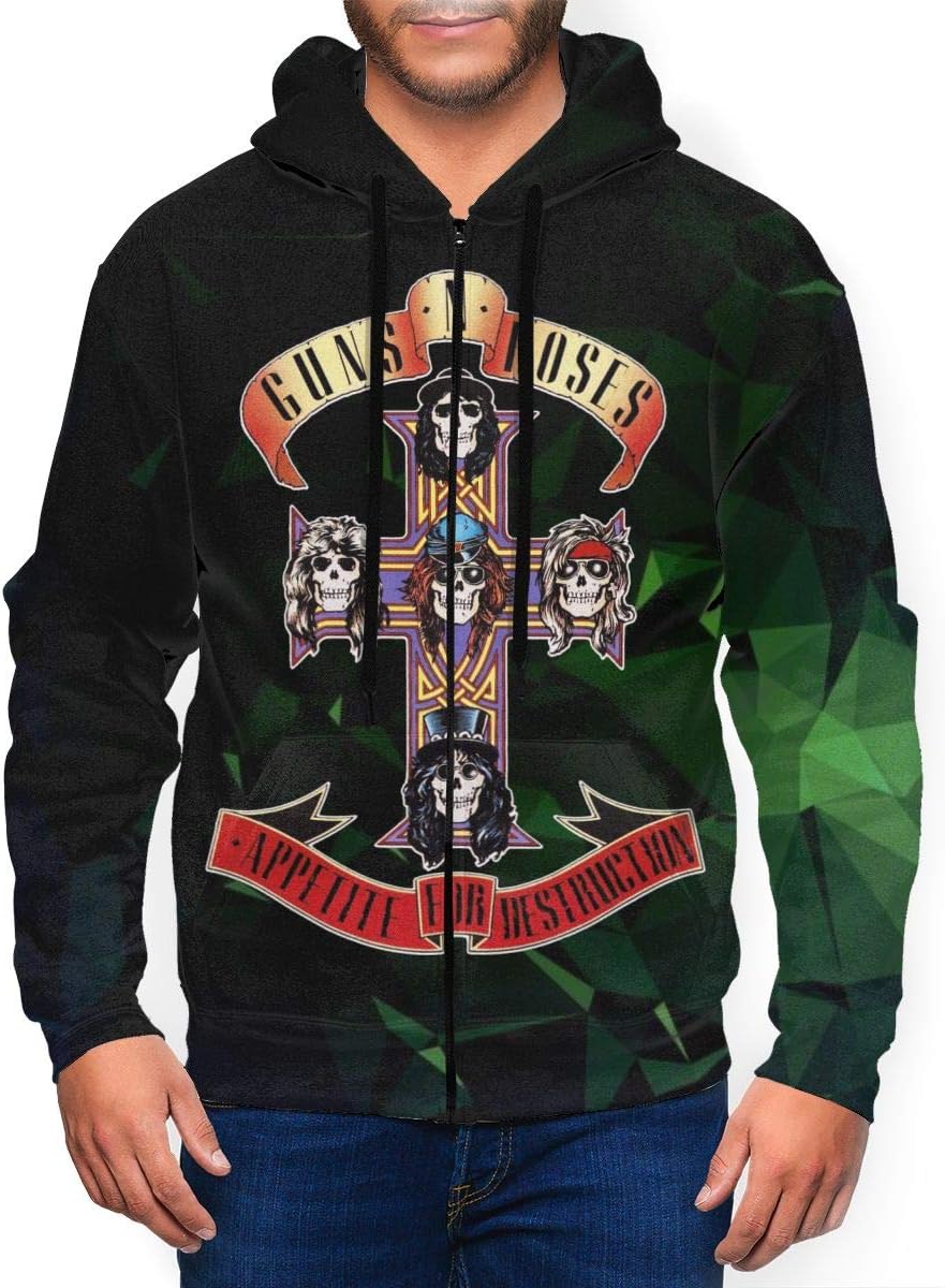 LutherStamm Men's Midweight Hooded Zip Front Guns N Roses Casual Sweatshirt