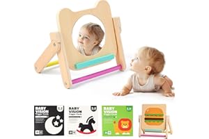 IEATFO Rotating Baby Safe Mirror with 120 Pages Visual Stimulation Cards - Wooden Tummy Time Mirror Toys - Black White Red and Color High Contrast Baby Flashcards for Brain and Cognitive Development