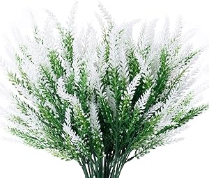 JEMONG 8 Bundles Artificial Lavender Flowers Outdoor UV Resistant Fake Flowers No Fade Faux Plastic Plants Garden Porch Window Box Decorating (Classic White)