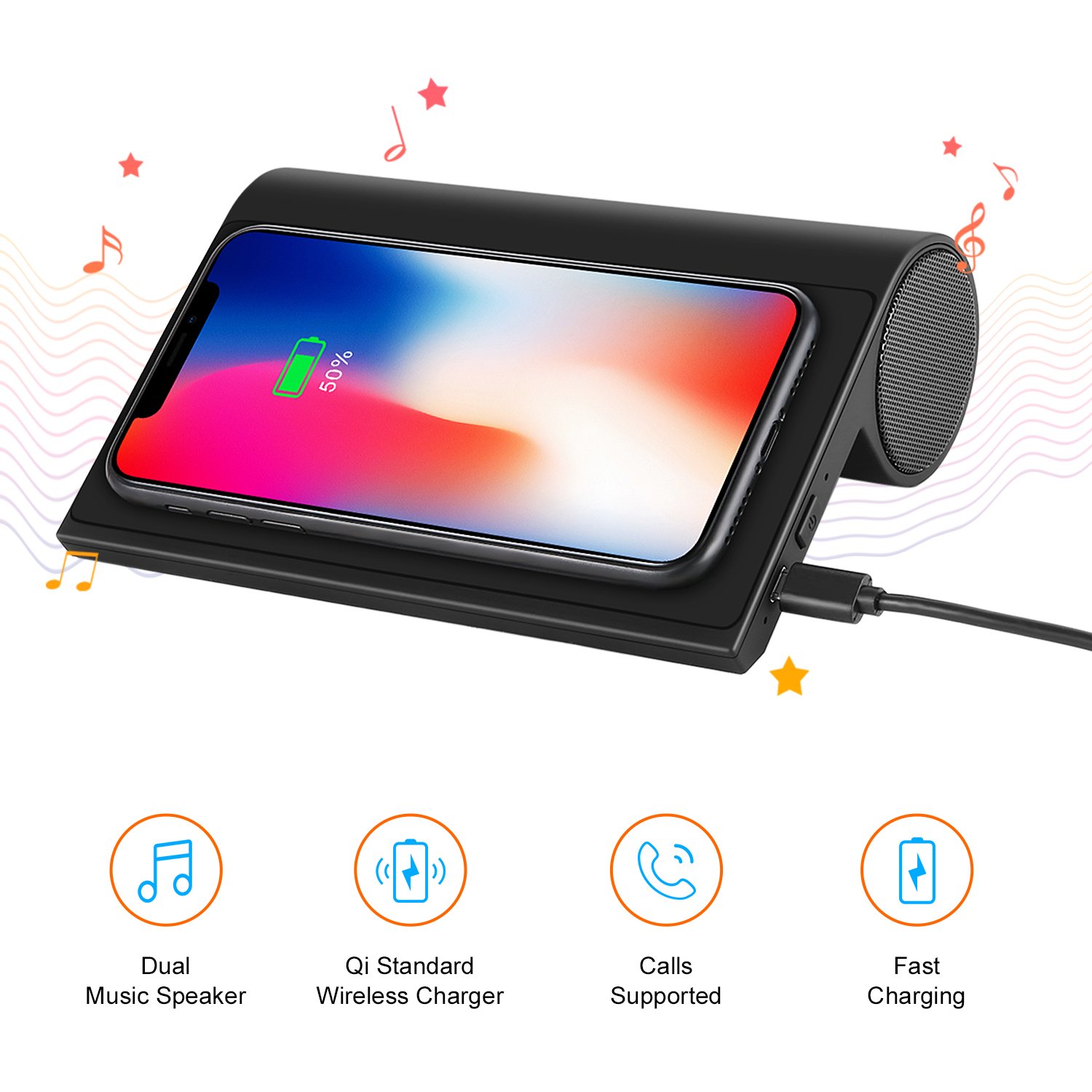 Wireless Charger with Bluetooth Speaker 4.0, 10W Portable Wireless Charger Stand Pad with Speaker for iPhone X/8/8 Plus, Samsung Galaxy Note 8 S9 Plus S8 Plus S7 Edge S6 Edge, LG G6 v30