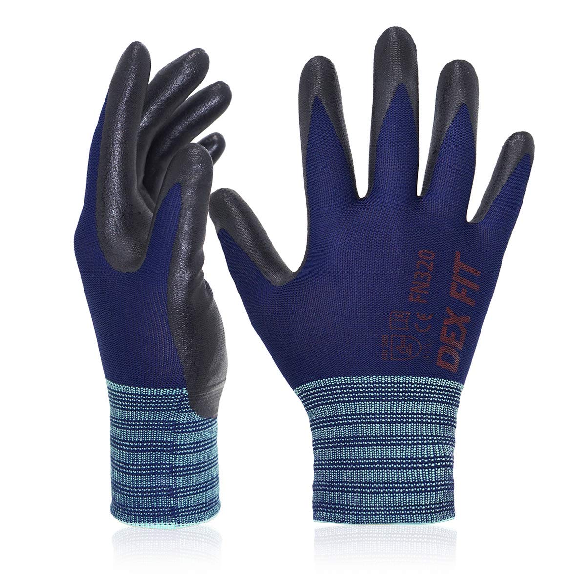 DEX FIT Nitrile Work Gloves FN320, 3D Comfort Stretch Fit, Power Grip, Durable Foam Coated, Thin & Lightweight Premium Nylon, Machine Washable; Navy 7 (S) 1 Pair