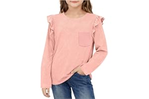 Girls Ruffle Long Sleeve Shirts Kids Crewneck Tee Crew Neck Solid Tops Casual Summer Clothes with Chest Pockets