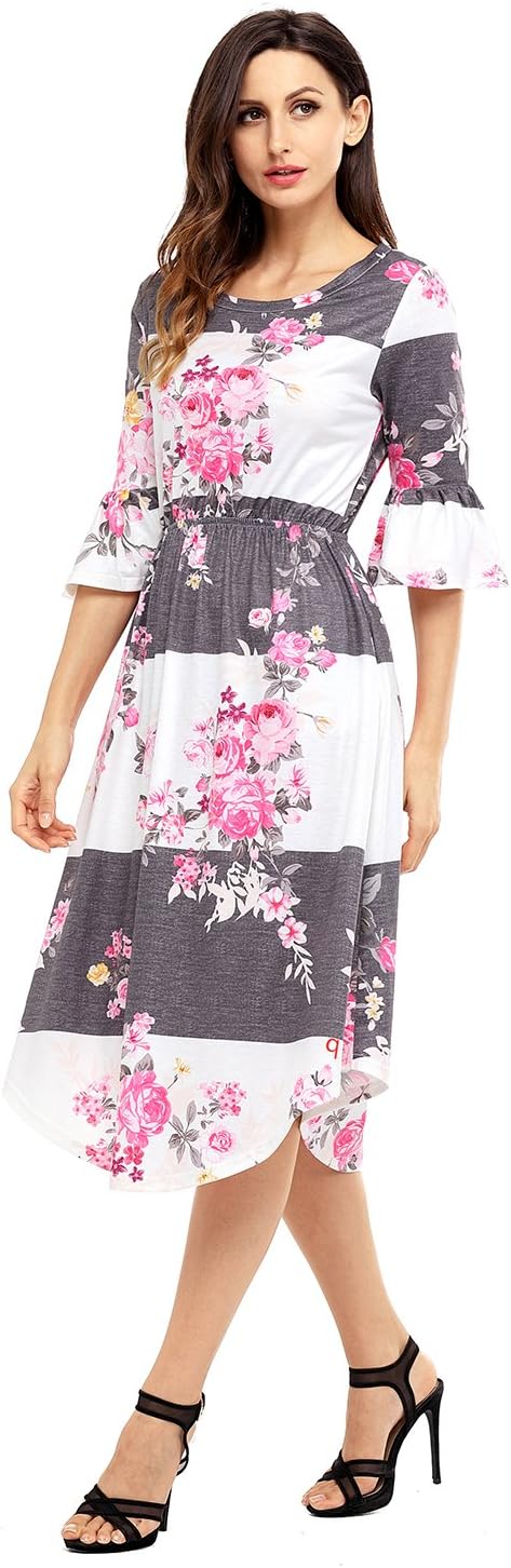 Women's Casual Loose Pocket Dress Floral Summer Dress 3/4 Bell Sleeve Midi Swing Dress