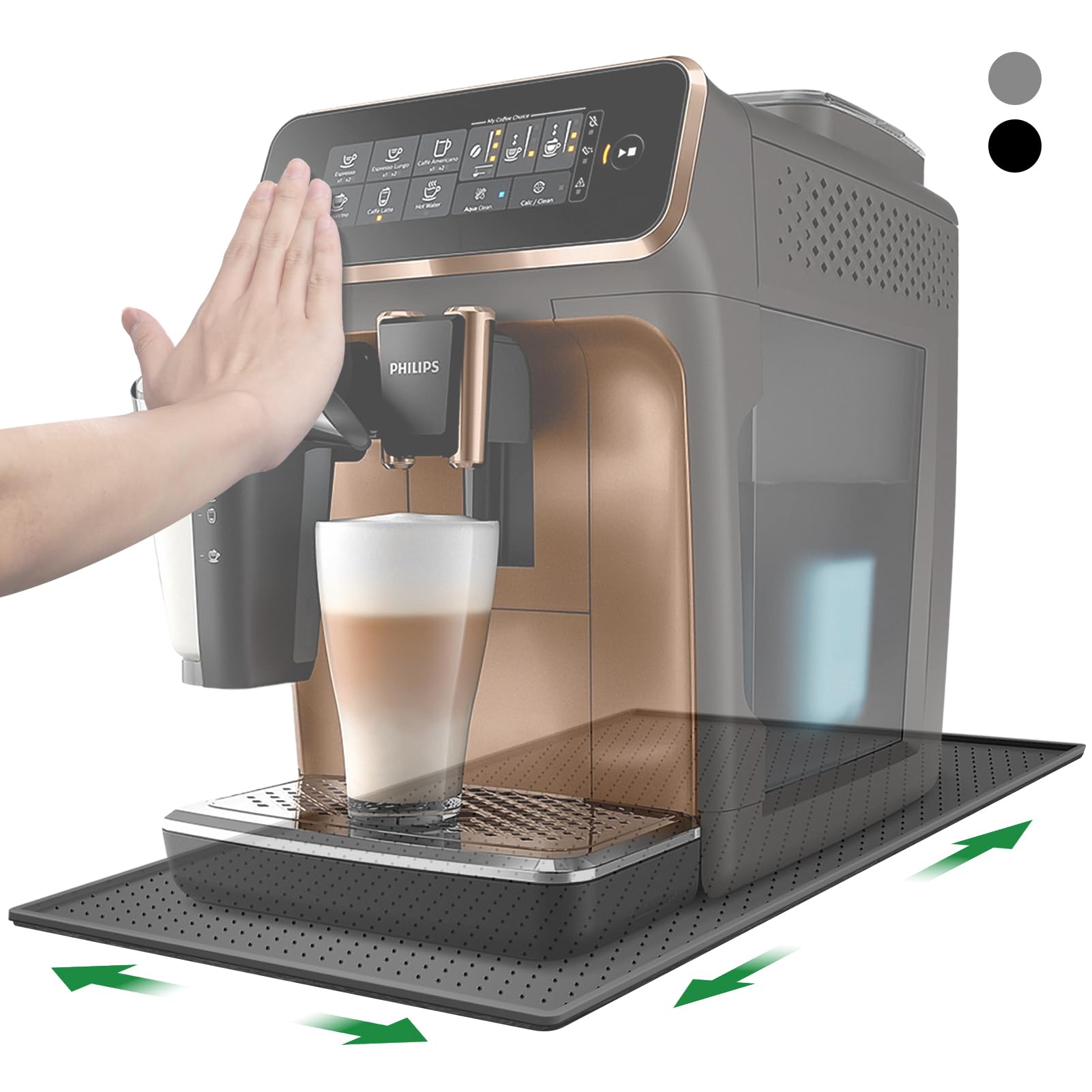 Inwee Unterlage für Kaffeemaschine, Silikonmatte für Kaffeevollautomat mit Rand, 48x30cm kompatibel mit De Longhi Magnifica, Philips LatteGo, Siemens EQ6, leicht zu verschieben (Grau)
