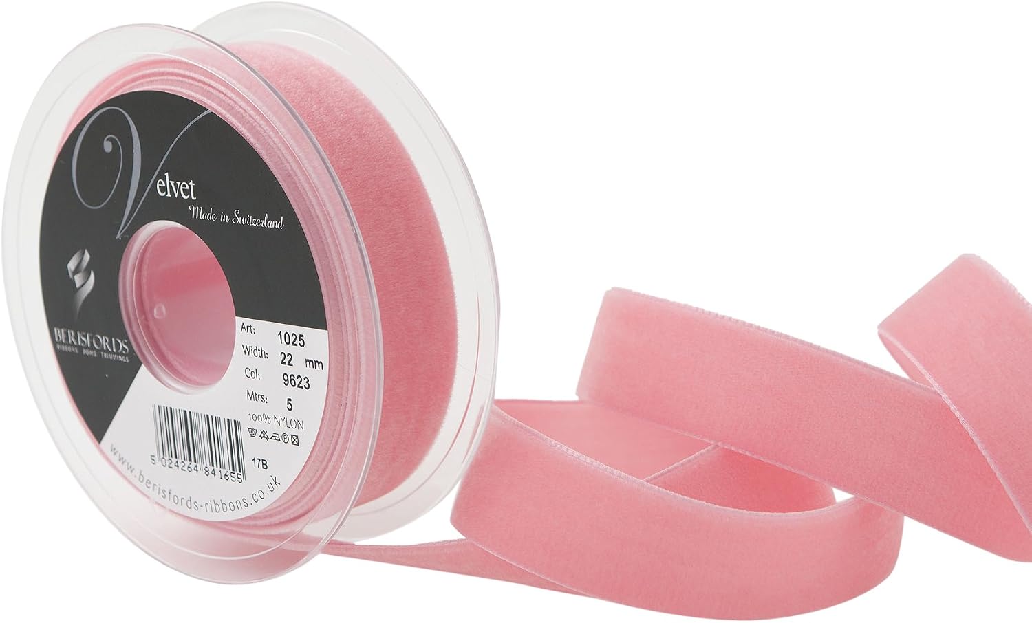 Berisfords Velvet Ribbon, Dusty Rose, 102 x 30 x 102 cm, 10.2 x 3.0 x 10.2 cm