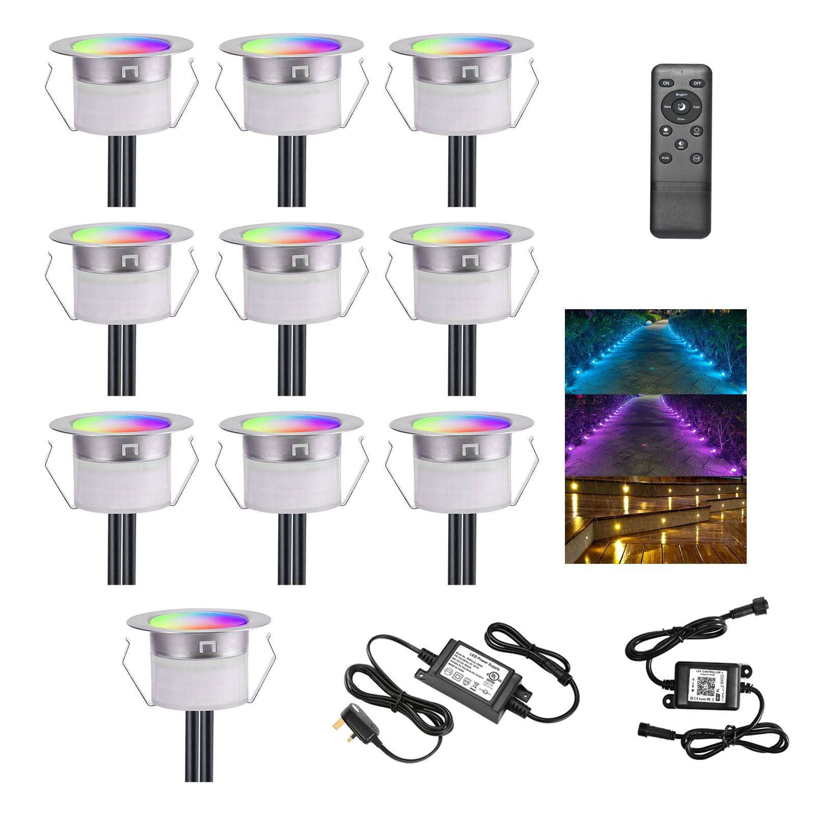 GEYUEYA Home WiFi Led Decking Lights-Ø45MM RGBW (RGB+Warm White) IP67 12V Decking Patio Lighting Led Plinth Light Decoration for Terrace/Patio/Path/Garden/Decoration-10 Pack