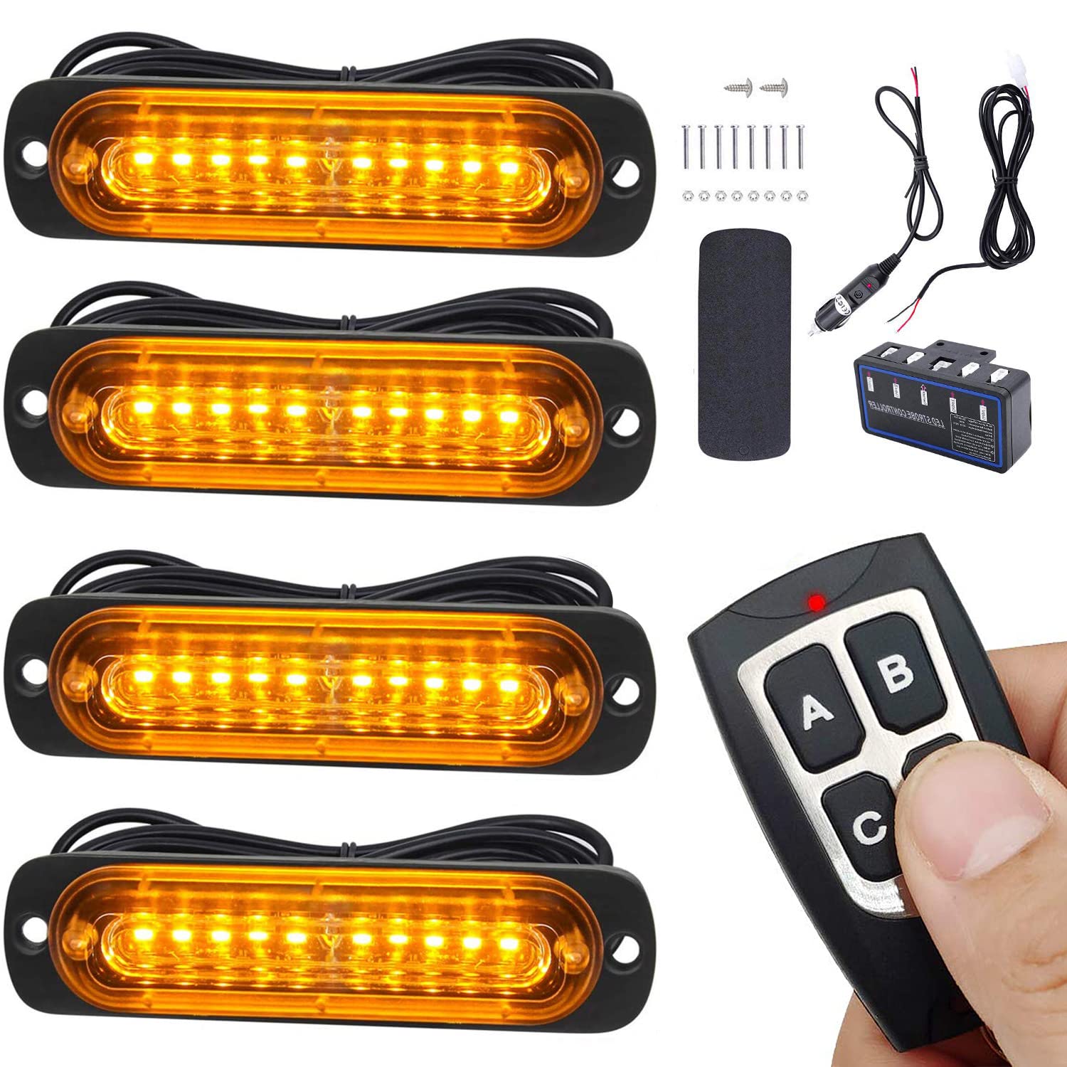 Photo 1 of ***(PARTS ONLY/MISSSING REMOTE/ NON FUNCTIONAL)***EASE2U E Led Strobe Lights for Trucks Vehicles Suvs, 4pcs 12-24V Emergency Warning Lights Caution Hazard Construction Ultra Slim Sync Feature Car Truck with Main Control Box Surface Mount (Amber)