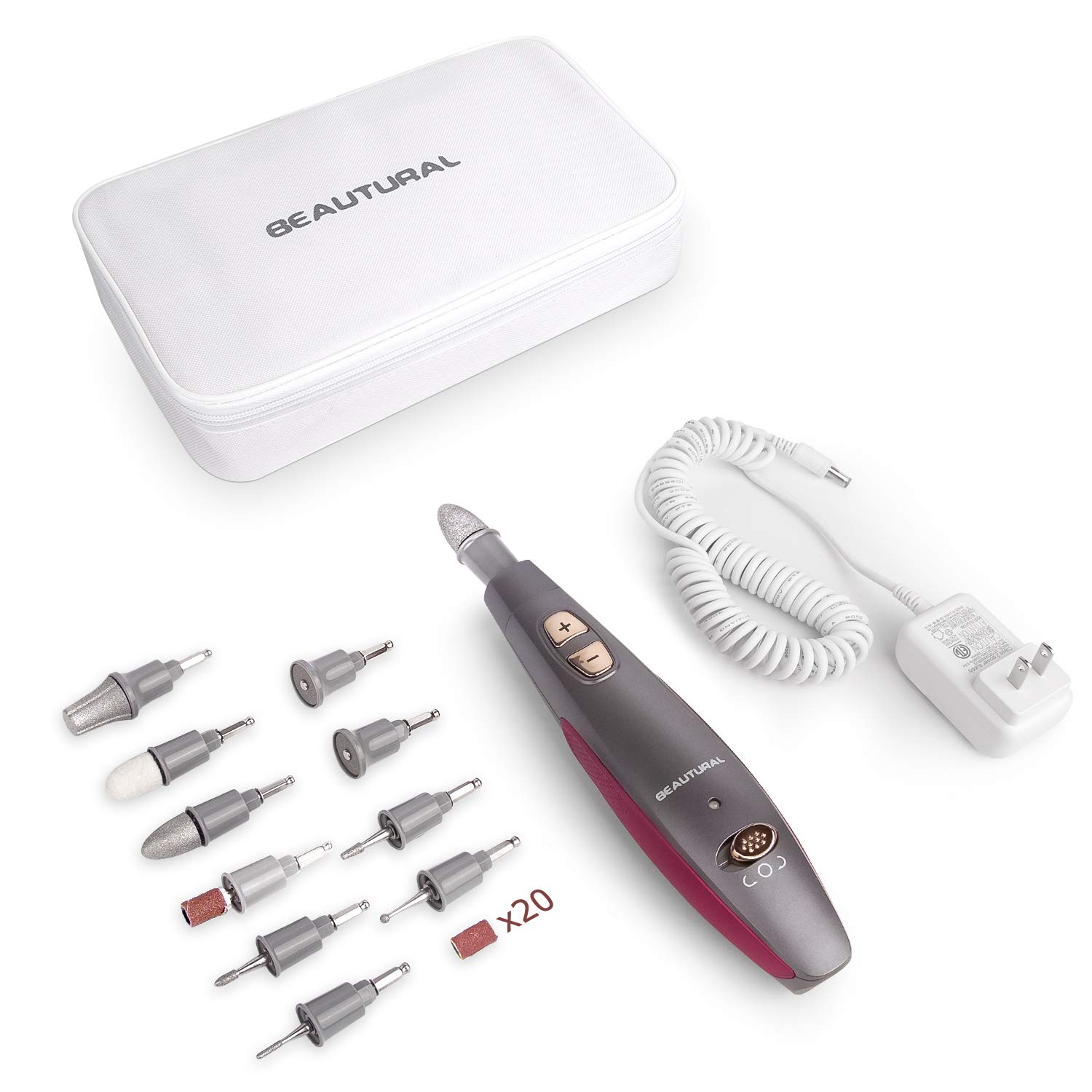 BEAUTURAL Professional Manicure and Pedicure Kit, 10-piece Attachments and 20 Sanding Bands for Hand/Foot Nail Care, Powerful Nail Drill Kit [Upgraded Version] : Beauty