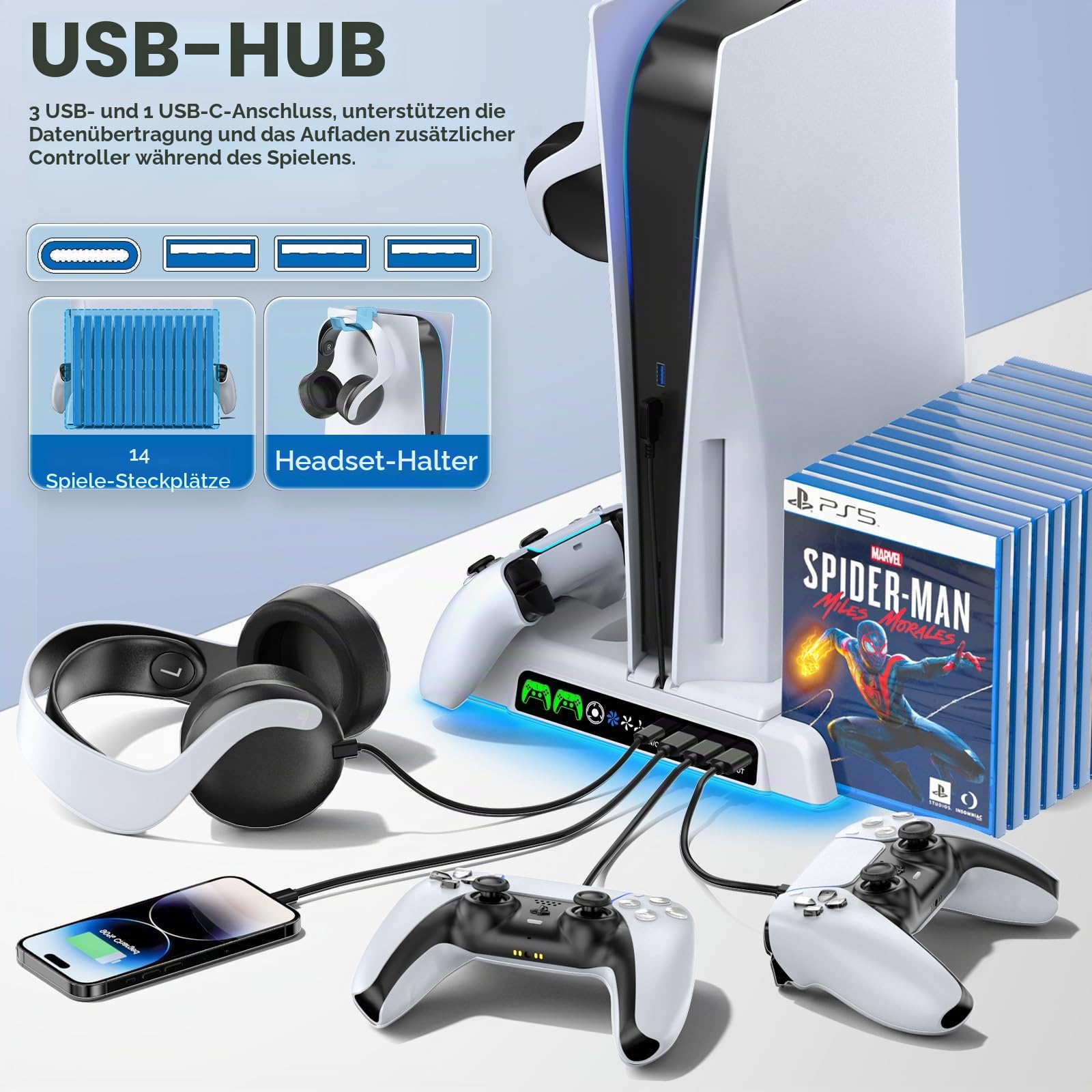 OIVO PS5/PS5 Slim/PS5 Pro Ständer mit 3 stufig Lüfter und Licht, PS5 Standfuß mit 4 USB Ports/Controller Ladestation/Headset Halter/Remote Steckplatz/14 Spiele Aufbewahrung für PS5 Zubehör 5