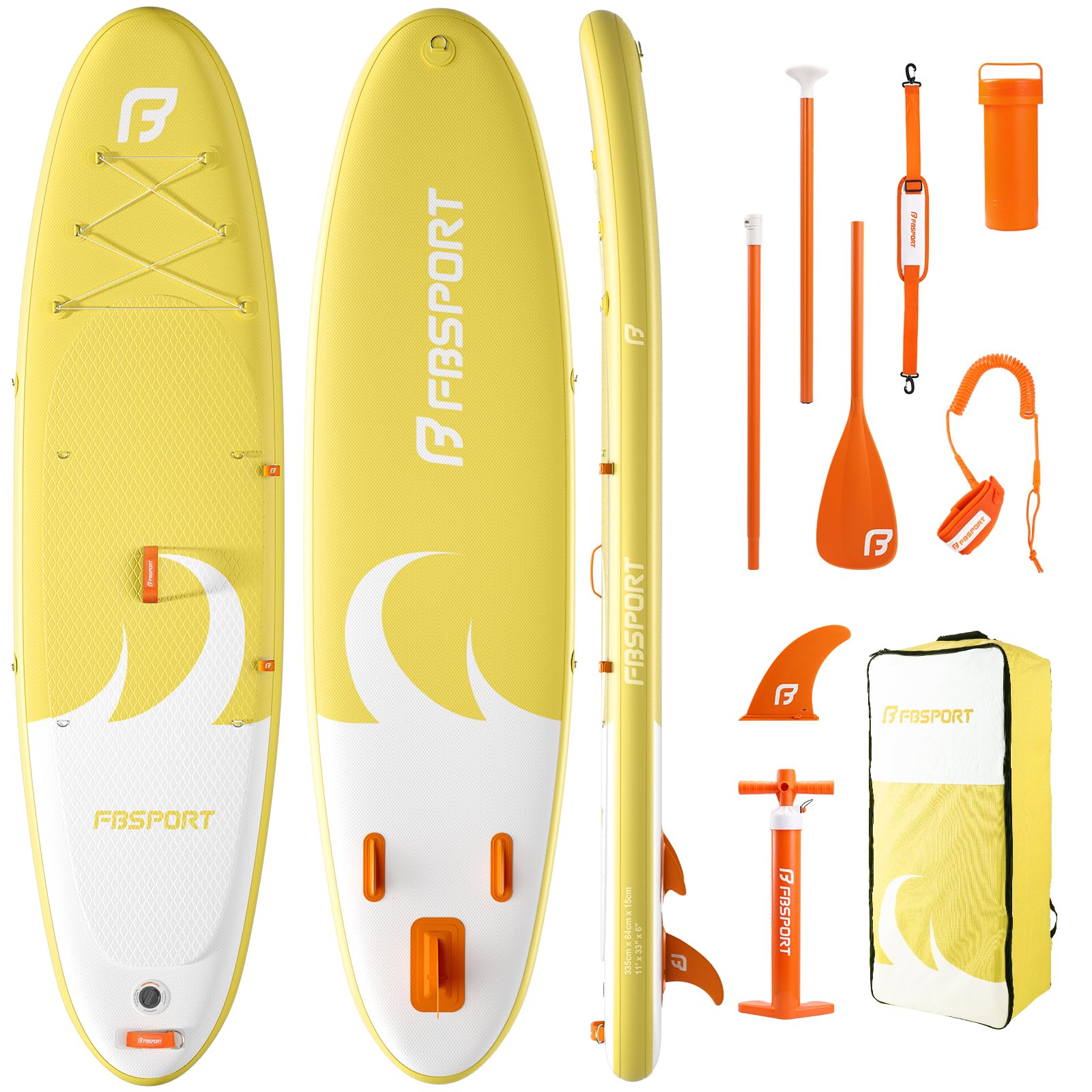 FBSPORT 11' Premium Stand Up Paddle Board, Yoga Board with SUP Accessories & Carry Bag | Wide Stance, Surf Control, Non-Slip Deck, Leash, Paddle and Pump for Youth & Adult(Yellow) Image