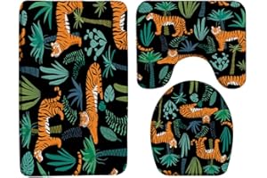 ZKJSMGS Tiger 3 Piece Bath Mat Sets,Tropical Plant Green Palm Leaf Wildlife Leopard Animal Jungle Black 16"x24"Bath Rug,Toilet Seat Cover, U-Shaped Toilet