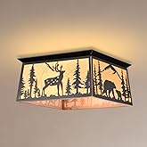 Farmhouse Flush Mount Ceiling Light,Rustic Yellow Parchment Deer Bear Close to Ceiling Light Fixtures,Square Metal Light Fixt