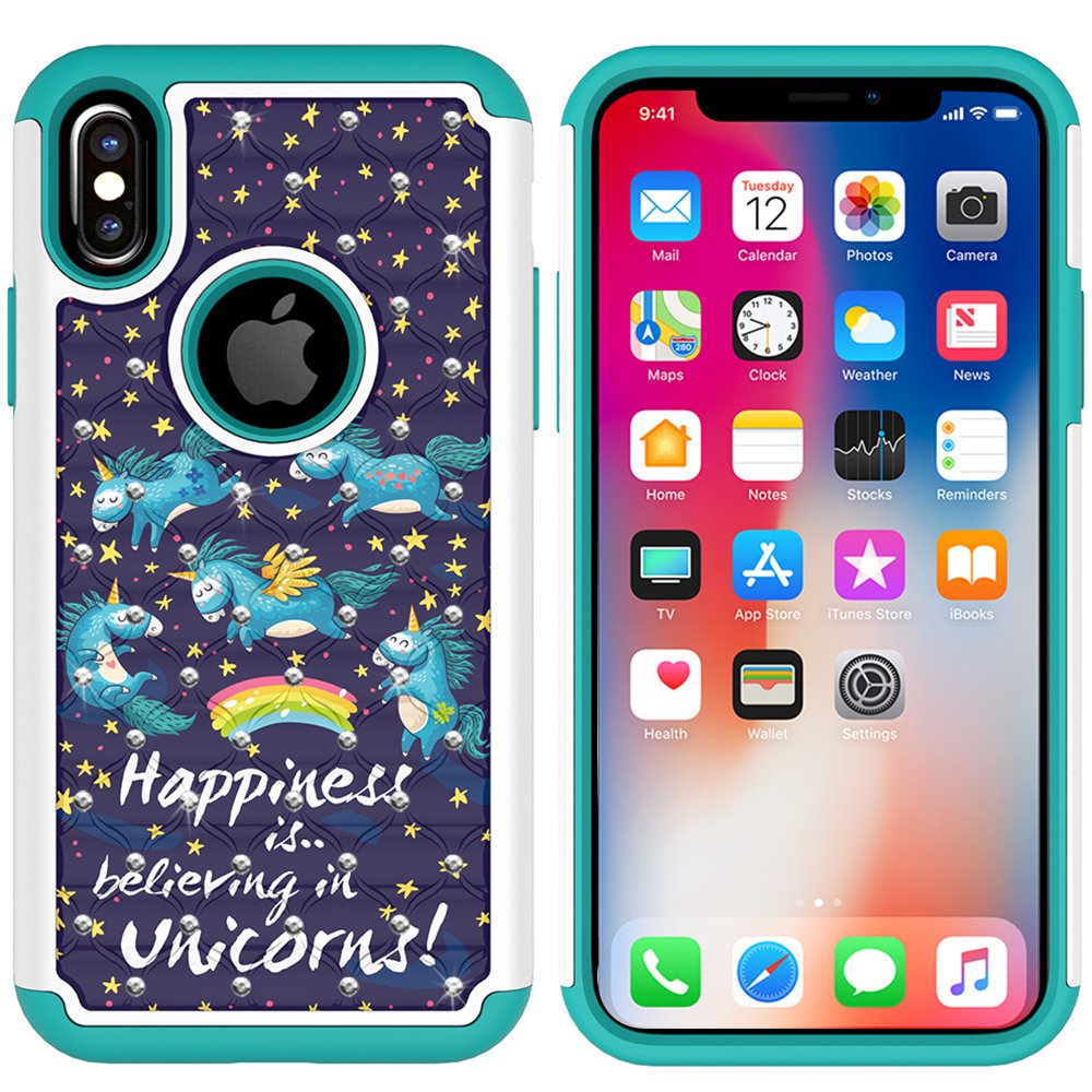 iPhone X Case, MagicSky [Shock Absorption] Studded Rhinestone Bling Hybrid Dual Layer Armor Defender Protective Case Cover for Apple iPhoneX - Unicorns