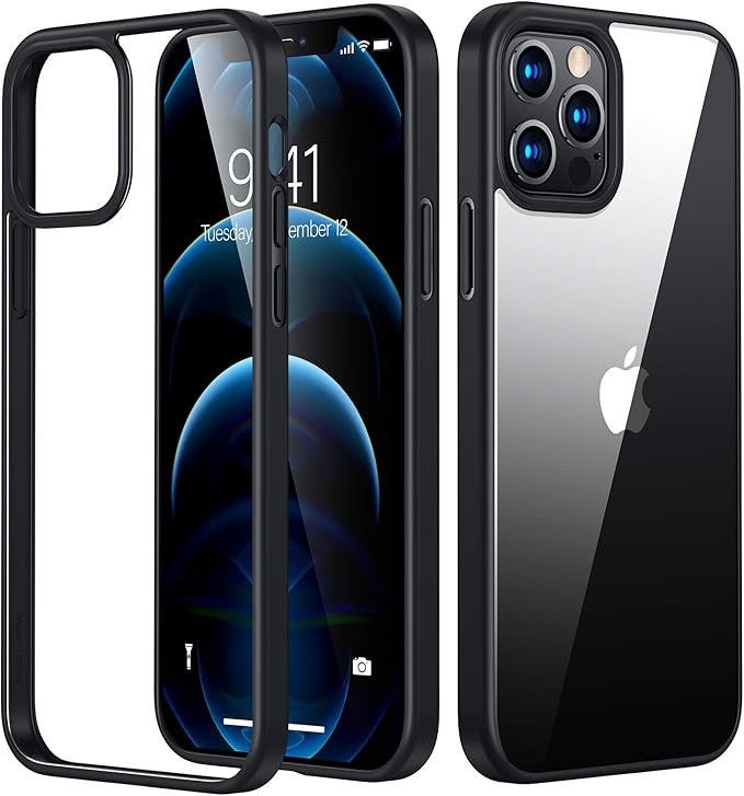 Torras Military Diamond Clear Case For Iphone 12 Pro Max Case 13x Anti Yellowing 5x Military Grade Shockproof Slim Thin Hard Clear Back With Soft Tpu Bumper 12 Pro Max Cover Black Rim Amazon Co Uk