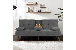 JAMFLY Futon Couch Sofa Bed Convertible Small Loveseat Sleeper with Cup Holder, Wood Legs, Removable Armrests for Small Spaces, Living Room, Apartment, Dorm (Dark Gray)