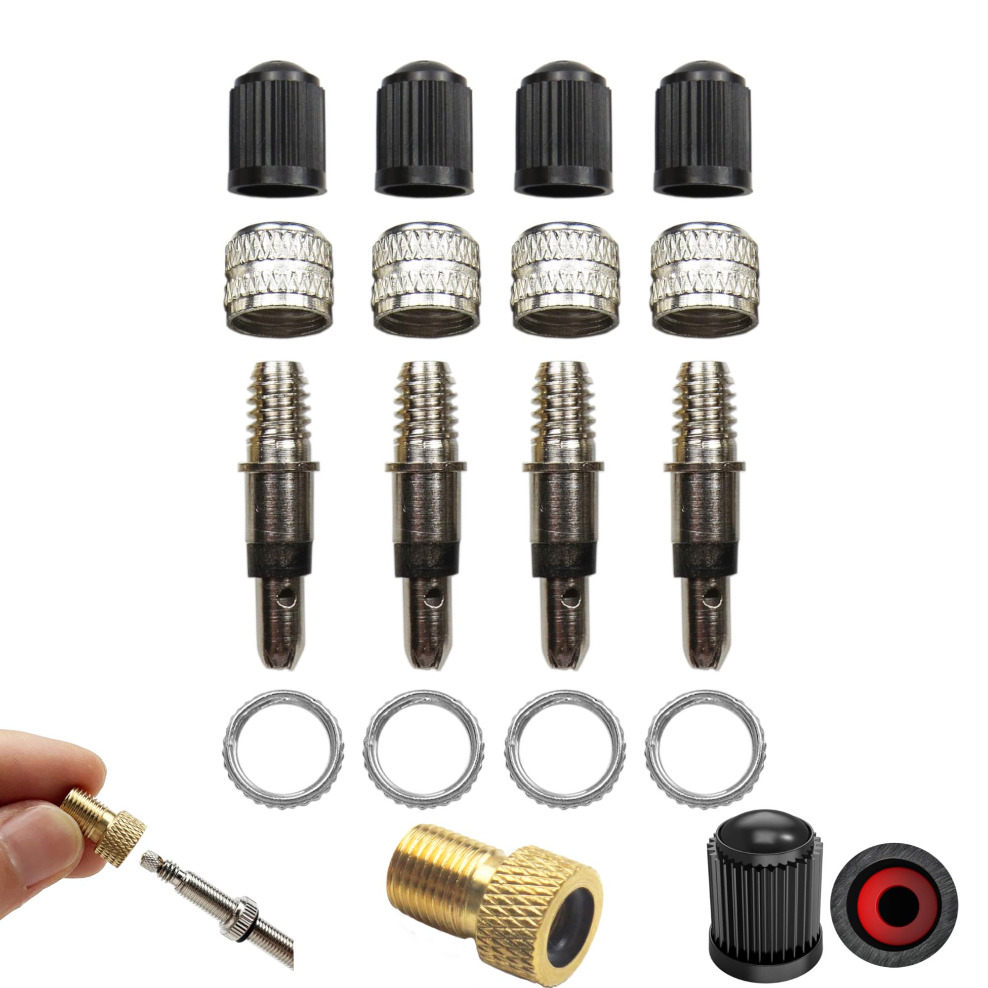 Pitlane Performance® Bicycle Valve 20-Piece Dunlop Blitz Valve Repair Kit – Replacement Valves with Seals – Spare Set with Nut & Valve Cap + Free Presta to Schrader Adapter (Dunlop valves)