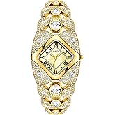 CARLIEN Women's Luxury Fashion Bling Rhinestone Rhombic Square Pearl Dial Quartz Watch Roman Numerals Elegant Ladies Dress Analog Bracelet Wrist Watch