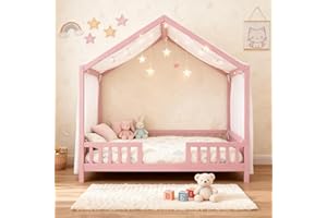 Ball & Cast Twin Size Montessori Floor Bed,House Shape Toddler Bed Frame for Kids with Canopy,Montessori Bedframe W/Roof,for Girls,Boys,Bedroom,Playroom,Easy Assembly & No Box Spring Needed,Pink