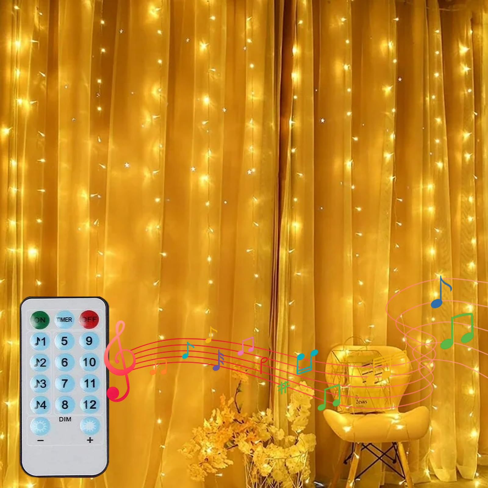 CORST 2M X 2M Curtain Lights for Bedroom Battery Powered,Window Curtain Lights Indoor Oudoor,Waterfall Hanging Backdrop Fairy Light Wall Lights, Music Activated for Gazebo Ceiling Decor