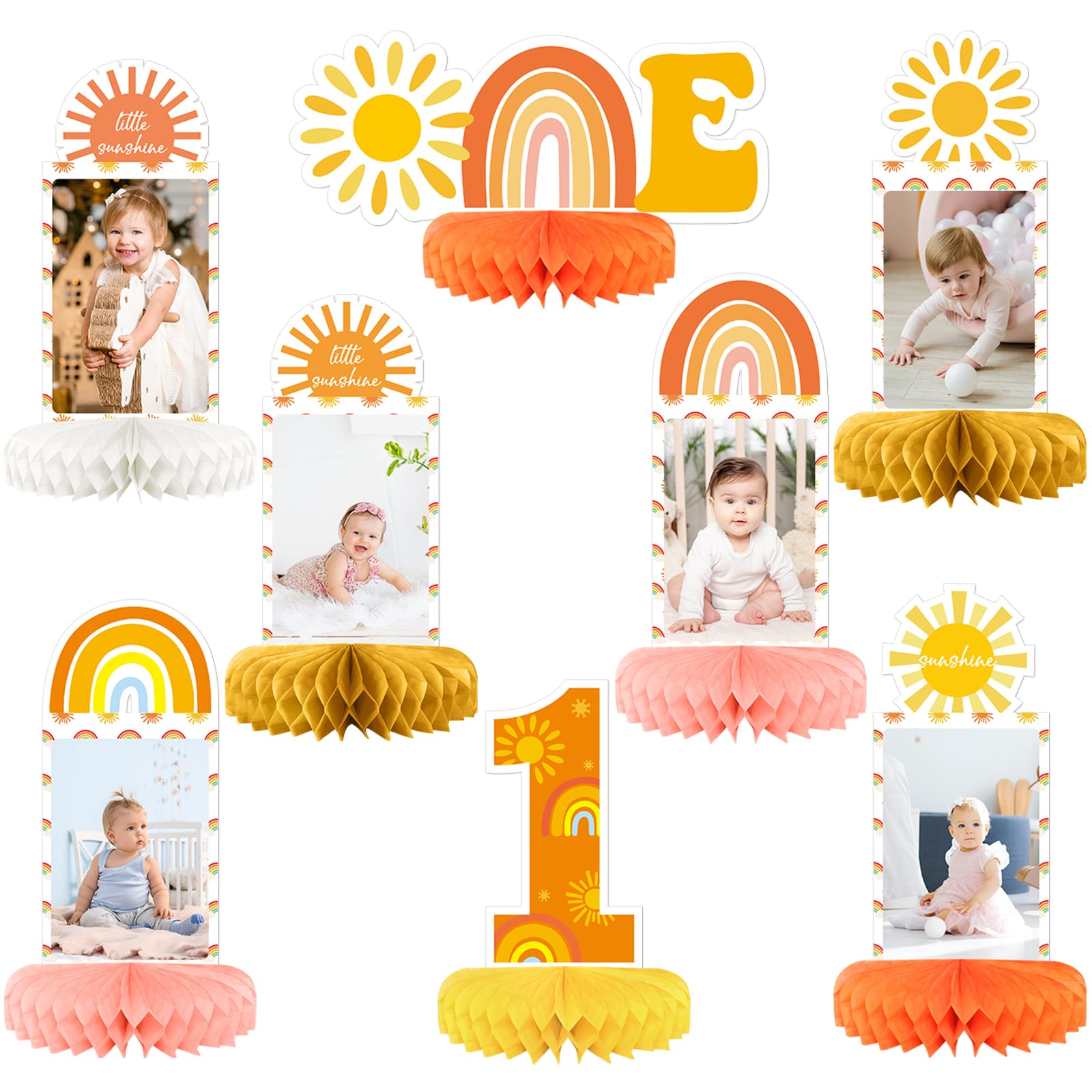 Photo 1 of ojustbeok Boho Sun Photo Honeycomb Centerpiece for 1st Baby Birthday Decorations Sunshine Birthday Table Topper Centerpiece Boho Rainbow Baby Shower Party Supplies for Baby Boys Girls Birthday