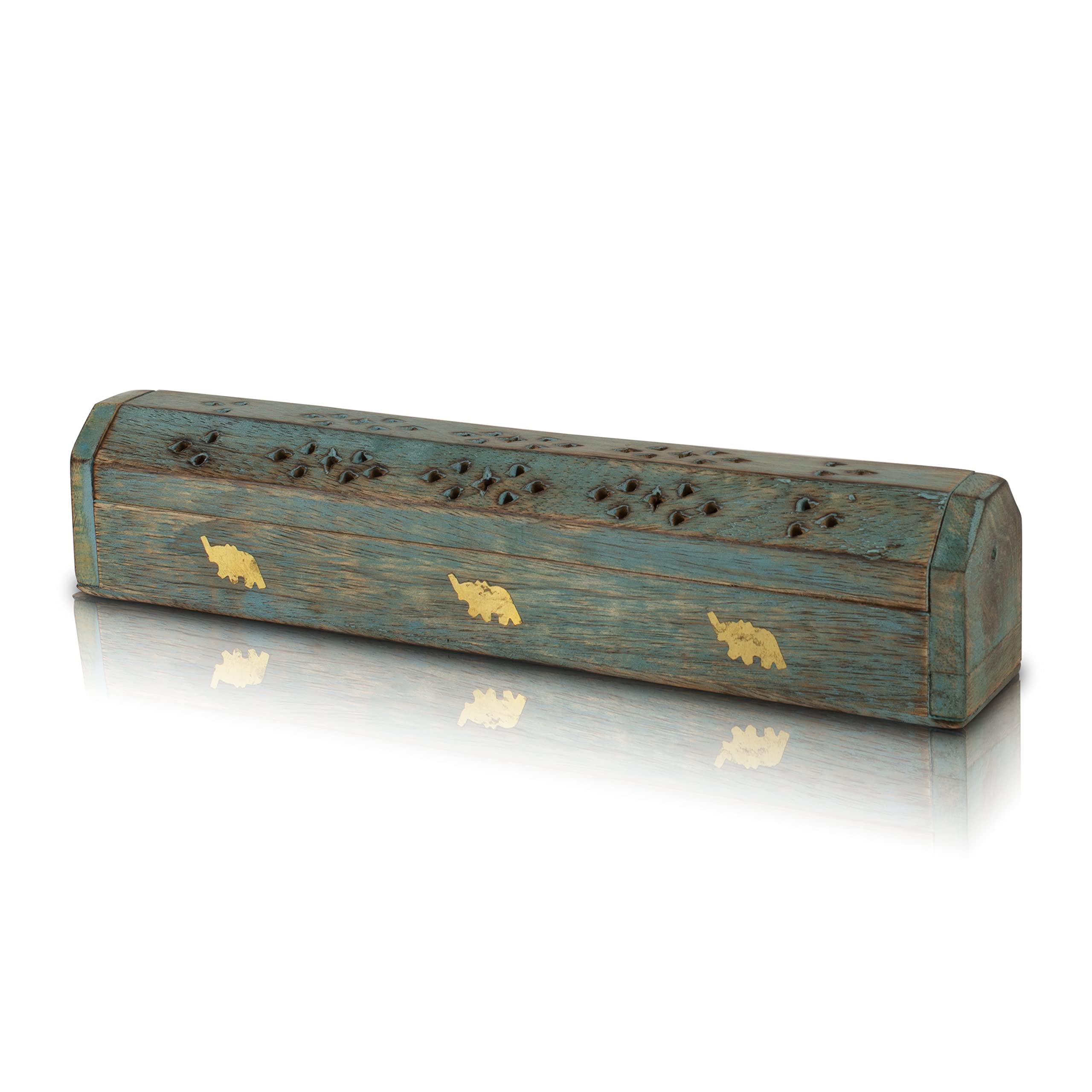 Wooden Incense Stick & Cone Burner Holder Coffin With Storage Compartment Organic Eco Friendly Ash Catcher Agarbatti Holder Rustic Style For Meditation Aromatherapy Home Fragrance Products (Blue)