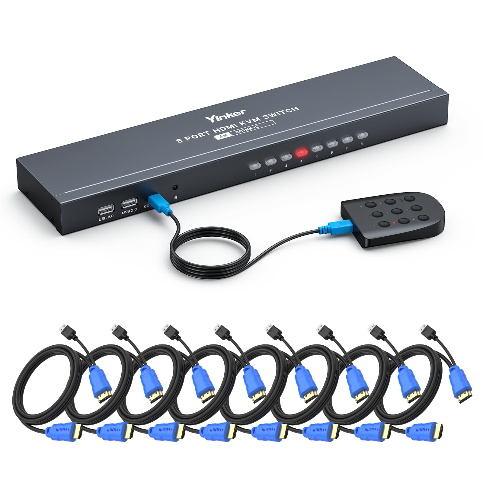 Yinker 8 Port 4K@30Hz HDMI KVM Switch with 4 USB 2.0 Ports, 1U 19" Rackmount Server Console, IR Remote/Panel Button/Auto Scan/Wired Selector, Plug & Play, EDID Storage, 8 KVM Cables Included