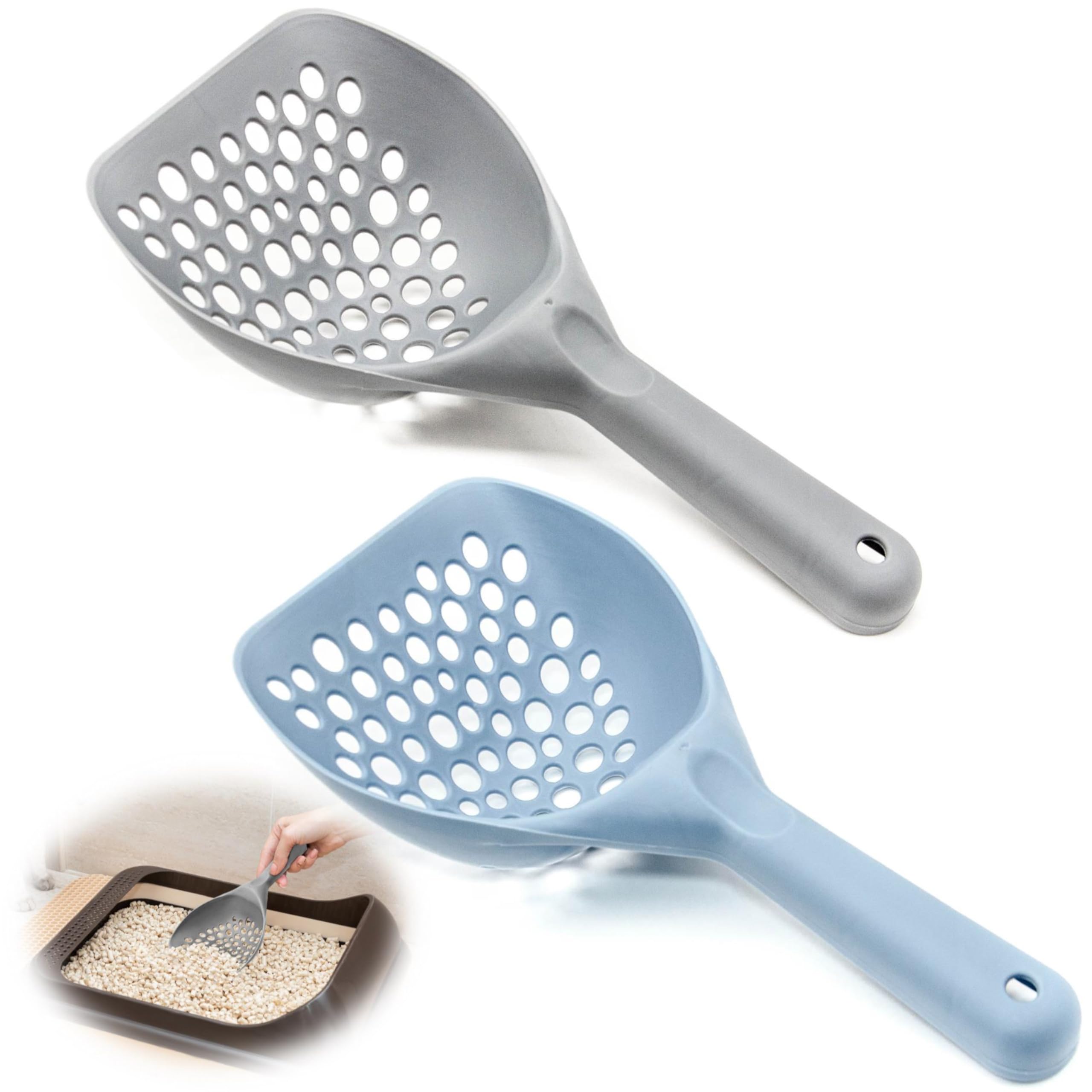 Petopedia 2x Cat Litter Scoop LARGE – Plastic Shovel, Poop Scoop for Cats Litters Tray – Handy Sand Sifter, Poo Sieve Cleaning Tool – Used with Trays and Litter Box for Cats & Kittens (BLUE and GREY)