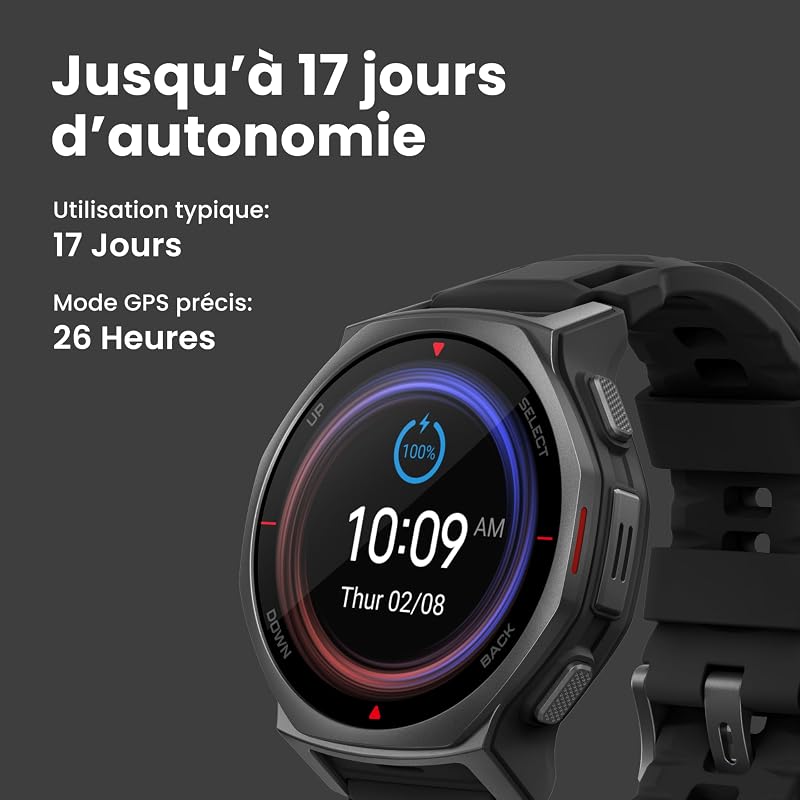 T-Rex 3 Pro Montre Connectée Outdoor 44mm – Écran AMOLED Saphir, Flashlight, Lunette Titane, GPS, Cartes Hors Ligne, 17 Jours Autonomie, 180+ Modes Sport, Smartwatch pour Android iPhone