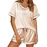 Ekouaer Silk Pajamas for Women Satin Pajama Set 2 Piece Short Sleeve Pjs Sets Soft Summer Sleepwear with Pockets Champagne Large