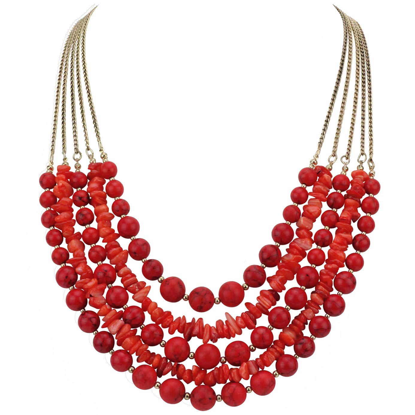 BOCAR Long Statement Vintage 5 Layer Stone Acrylic Beads Necklace Women (NK-10551-Red Tur)