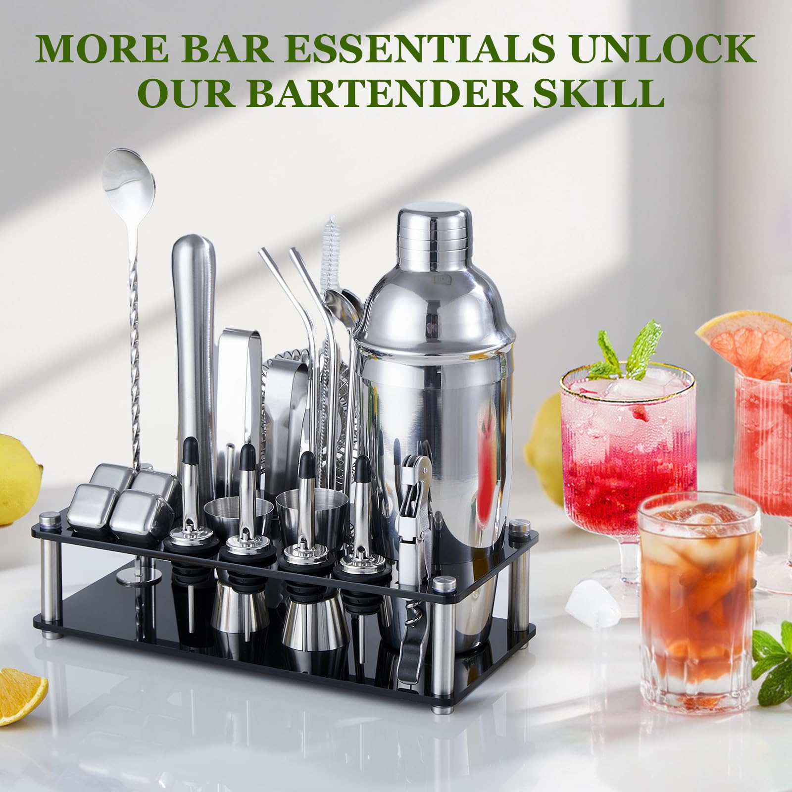 Cocktail Shaker Set, 23-Piece Stainless Steel Bartender Kit with Acrylic Stand & Cocktail Recipes Booklet, Professional Bar Tools for Drink Mixing, Home, Bar, Party (Include 4 Whiskey Stones) - Image 2