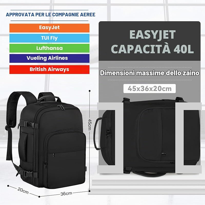 Bagaglio a mano 45 × 36 × 20 per Easyjet, Zaino da Viaggio Sotto il Sedile Aereo Borsa da Cabina Voli Zaini Casual Valigia Ufficio scolastico lavoro Borse Adatto a Laptop da 17 pollici — foto 2 di 7