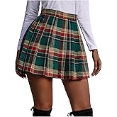 Floerns Women's Plaid Print Skater Skirt Uniform Pleated Hem High Waist Mini Skirt