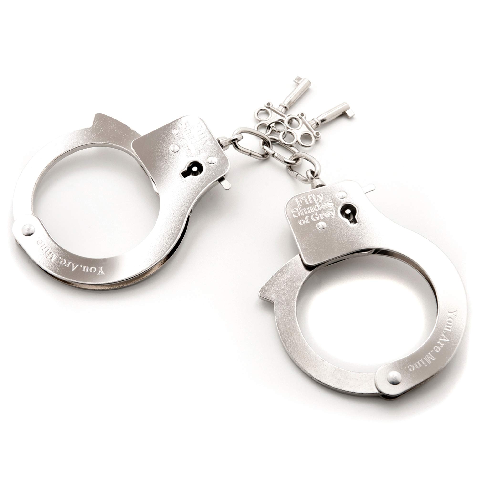 Fifty Shades of Grey You are Mine Metal Adjustable Handcuffs - Lockable Handcuffs with 2 Keys & Quick Release - Sexy Adult Games for Adults - With Satin Storage Bag - Silver