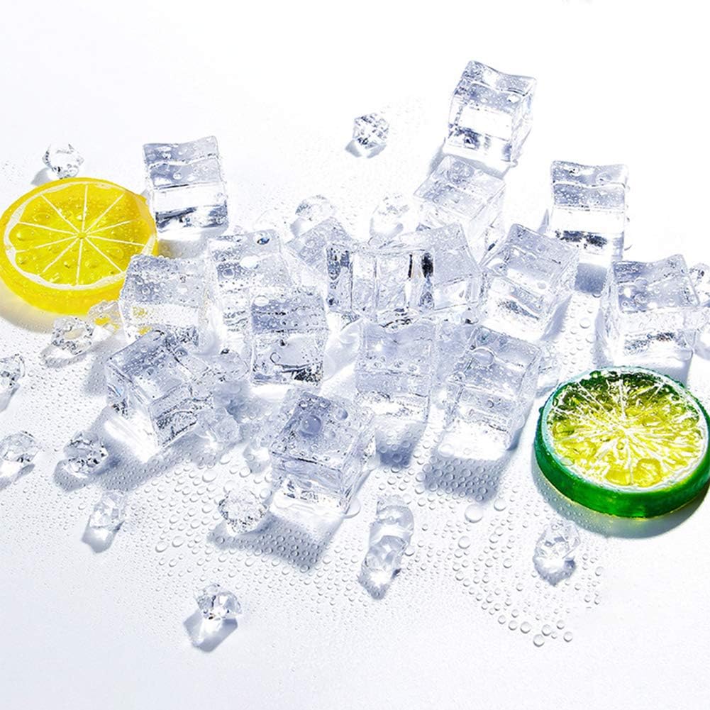 LOVEINUSA Fake Ice Cubes and Artificial Lemon Limes Slice, 20 PCS 1.2" Acrylic Clear Ice Cubes Square Fake Ice Rock Diamond and 6 PCS Fake Lemon Slice Simulation Fruit Decoration