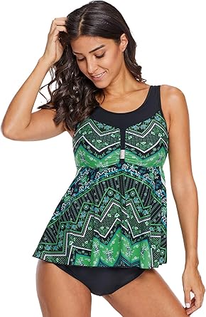 CrazycatZ Womens Green Vibrant Print Skirted Tankini Top at Amazon Womenâs Clothing store