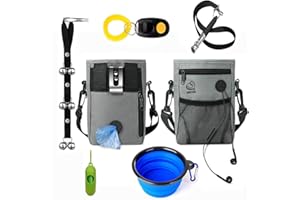 MEISO 6 in 1 Dog Training Set Puppy Training Dog Treat Pouch with Dog Clicker Poop Bag Dispenser Dog Door Bells Dogs Whistle Collapsible Dog Bowl to Clicker Dog Training Puppy Treats Dog Accessoires (Grey)