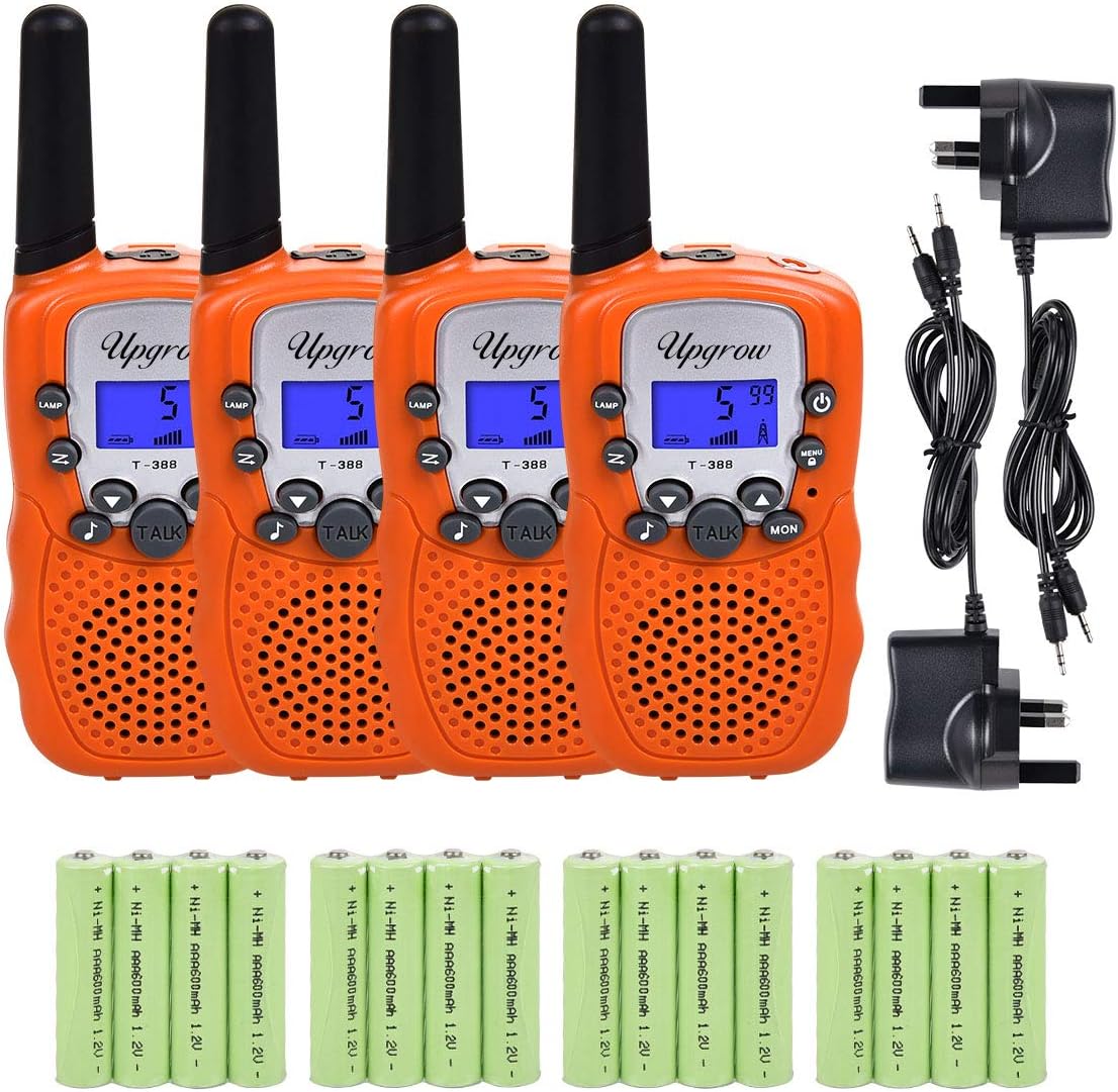 Upgrow 4pcs Kids Walkie Talkie Rechargeable Walkie Talkies 0.5W 8 Channels 2 Way Radio for Children Boys Girls with UK Charger Built-in LED Torch VOX (Orange)